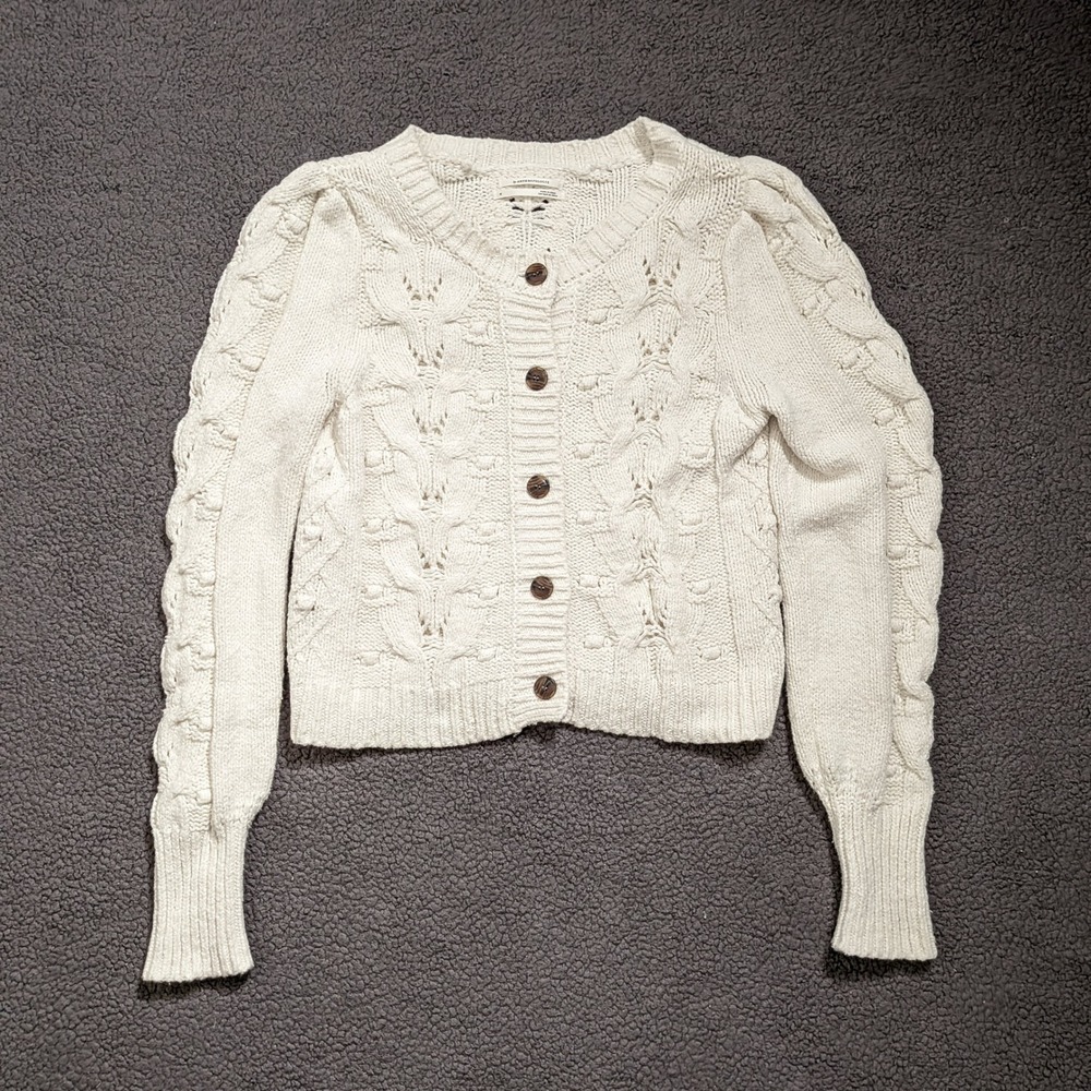 Anthropologie Cream Cable Knit Puff Sleeve Cardigan Sweater Ivory Size M